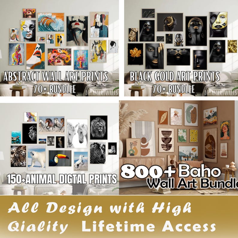May include: A collection of wall art prints, including abstract, black and gold, animal, and boho styles. The image displays various framed art pieces, with text overlays indicating the themes and bundle sizes. The bottom text reads "All Design with High Quality Lifetime Access."