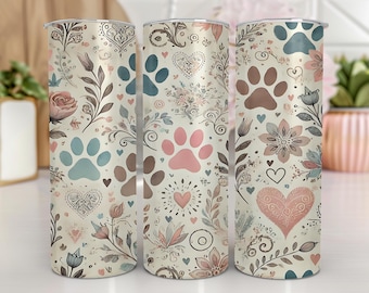 Dog Paw Prints Tumbler Wrap | Floral Dog Paw Tumbler Wrap |Dog Lover Tumbler | Boho Style |20 oz Tumbler PNG | Cute Dog Tumbler PNG| Digital