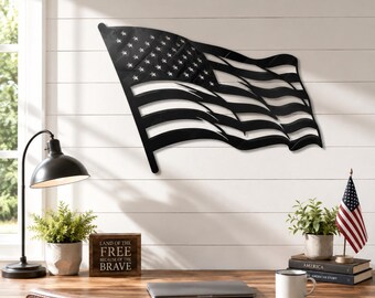 Bandera estadounidense ondeando de metal para pared / Decoración patriótica con la bandera de EE. UU. / Bandera grande de metal para interiores y exteriores / Regalo para veteranos / Decoración americana para el hogar