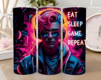 Eat Sleep Game Repeat Tumbler Wrap | Watercolor Gamer Boy Png | 20oz skinny sublimation | Fun Gaming Gift Sublimation Wrap |Instant Download