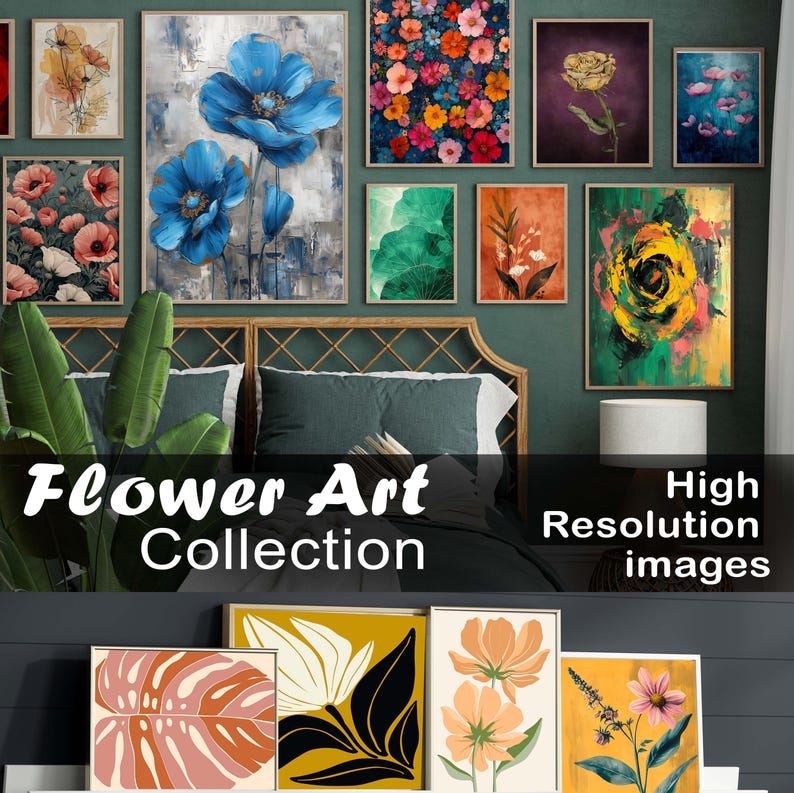 May include: A collection of framed flower art prints in various styles and colors, including large blue poppies, colorful floral arrangements, and abstract yellow roses. The text "Flower Art Collection" and "High Resolution images" are displayed.