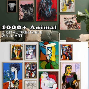 May include: A collection of framed digital printable wall art featuring animal portraits and Picasso-style art. The animal art includes a cat, zebra, elephant, panther, horse, and raccoon. The Picasso art includes portraits and abstract figures. Text reads "1000+ Animal Digital Printable Wall Art" and "Digital Printable Wall Art Picasso Art Collection 160+".
