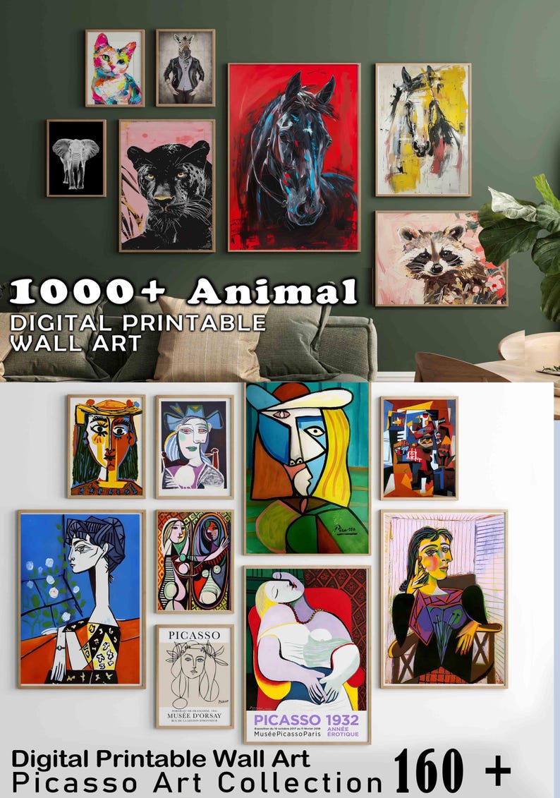 May include: A collection of framed digital printable wall art featuring animal portraits and Picasso-style art. The animal art includes a cat, zebra, elephant, panther, horse, and raccoon. The Picasso art includes portraits and abstract figures. Text reads "1000+ Animal Digital Printable Wall Art" and "Digital Printable Wall Art Picasso Art Collection 160+".