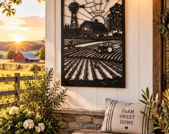 Decoración de pared metálica estilo granja: paisaje rústico campestre al amanecer, escena de granja cortada con CNC con granero, molino de viento y tractor.