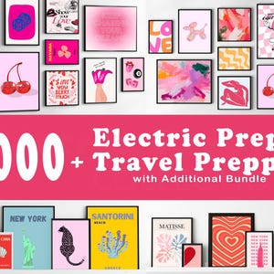 May include: A collection of framed art prints with various designs, including cherries, abstract shapes, and travel destinations. The color palette is predominantly pink, with pops of yellow, blue, and red. The text "Electric Preppy + Travel Preppy" is displayed.