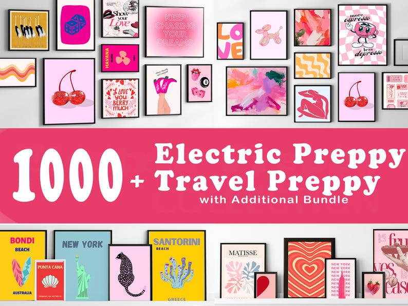 May include: A collection of framed art prints with various designs, including cherries, abstract shapes, and travel destinations. The color palette is predominantly pink, with pops of yellow, blue, and red. The text "Electric Preppy + Travel Preppy" is displayed.