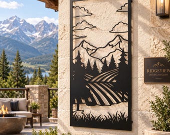 Cuadro de metal con silueta de montaña y bosque, paisaje natural, decoración para sala de estar, dormitorio y hogar.