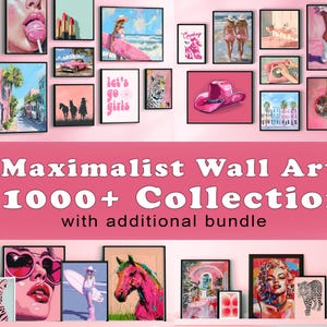 May include: A collection of framed wall art with a pink theme. The art includes images of a cowboy hat, lips, a car, and a horse. Text on the image reads "Maximalist Wall Art 1000+ Collection with additional bundle."