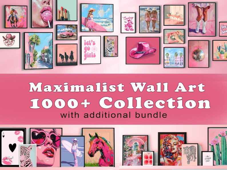 May include: A collection of framed wall art with a pink theme. The art includes images of a cowboy hat, lips, a car, and a horse. Text on the image reads "Maximalist Wall Art 1000+ Collection with additional bundle."