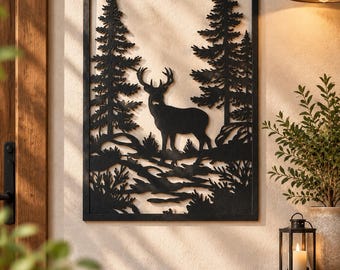 Arte mural de ciervos en metal / Decoración de pared rústica de bosque en metal / Obras de arte de vida silvestre / Decoración para cabañas de montaña negra / Arte en metal para hoteles y restaurantes