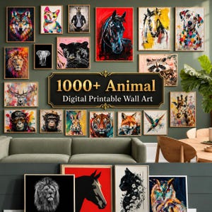May include: A collection of framed animal art prints, including a wolf, cat, horse, dog, lion, elephant, panther, deer, monkey, rabbit, tiger, fox, and owl. The prints are displayed above a green sofa, with the text "1000+ Animal Digital Printable Wall Art".