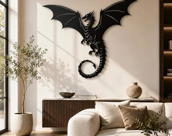 Decoración de pared de metal con diseño de dragón / Adorno de pared gótico con diseño de dragón / Decoración para el hogar con criaturas fantásticas / Obra de arte de dragón medieval / Escultura de pared de metal
