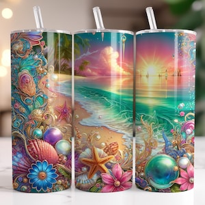 May include: Three stainless steel tumblers with colorful designs. The tumbler on the left has a design of seashells, pearls, and flowers. The tumbler in the middle has a design of a beach scene with a sunset. The tumbler on the right has a design of a beach scene with a sunset and seashells.