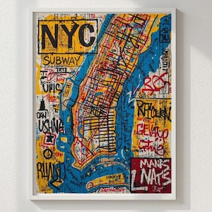 Könnte beinhalten: Ein gerahmter Kunstdruck einer stilisierten Karte von New York City. Die Karte ist mit farbenfrohen Details gefüllt, darunter ein gelber Hintergrund, blaues Wasser und rote und orangefarbene Straßen. Die Wörter "NYC" und "Subway" sind sichtbar.