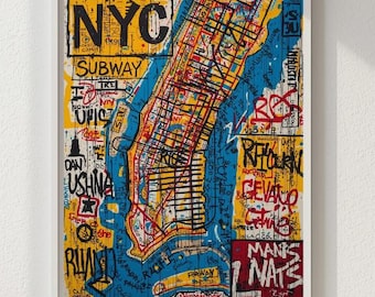 グラフィティスタイルのニューヨーク市地下鉄路線図プリント | 抽象的なカラフルなグラフィティウォールアート | アーバンストリートアートポスター | デジタルダウンロード | ニューヨークシティの装飾