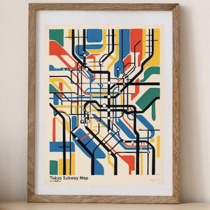 Abstracte print van metrokaart Tokio in Matisse-stijl, minimale geometrische artistieke muurkunst | Download moderne kleurrijke digitale kunstwerken voor woondecoratie