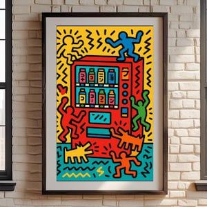 May include: A framed pop art print depicting a vending machine with vibrant figures. The artwork showcases a red vending machine with blue, green, yellow, and orange figures. The background is yellow, and the print is displayed on a white brick wall.
