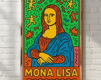 キース・ヘリング風モナ・リザ ポップアートプリント | ダウンロード可能な抽象的なモダンウォールアート、大胆な現代デジタルポスター（ホームデコレーション用）