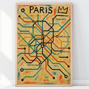 Carte du métro parisien, impression d'art | Art mural abstrait coloré métro parisien | Décoration de ville de voyage moderne | Téléchargement numérique