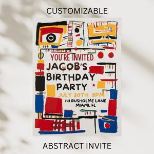 Faire-part d'anniversaire personnalisable de style Basquiat | Art géométrique abstrait coloré | faire-part de fête unique | Invitation personnalisée moderne et audacieuse