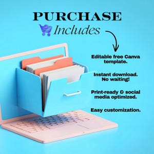 May include: A light pink laptop with a blue file cabinet emerging from the screen. The file cabinet contains orange and white file folders. Text reads "PURCHASE Includes" and details about the product.