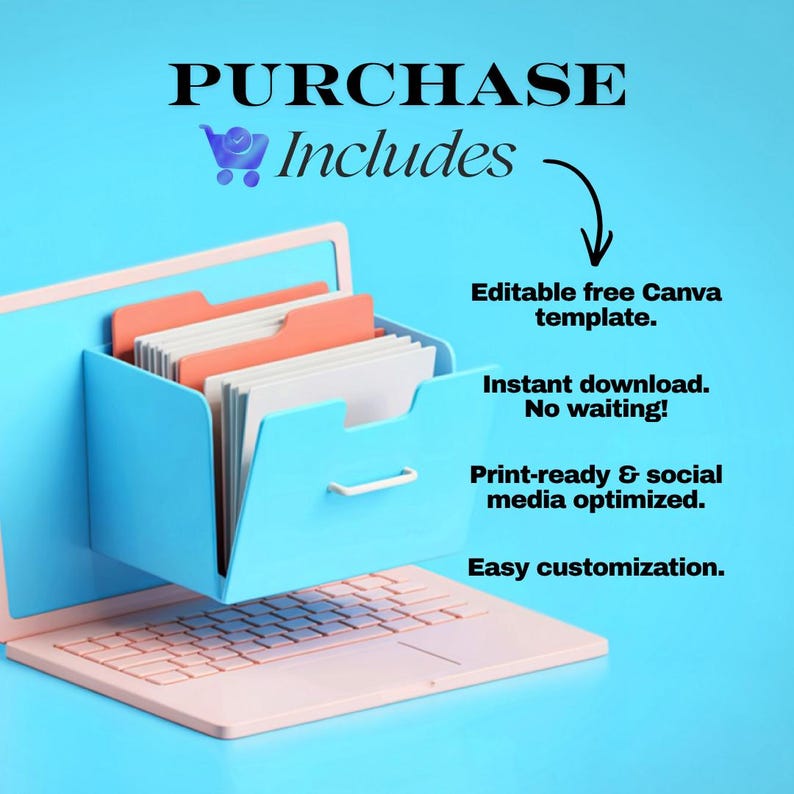 May include: A light pink laptop with a blue file cabinet emerging from the screen. The file cabinet contains orange and white file folders. Text reads "PURCHASE Includes" and details about the product.