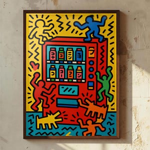 May include: A framed art print featuring a bright red vending machine against a yellow background. The scene includes stylised human figures in blue, yellow, red, green, and orange dancing around the machine, with black outlines and zig-zag patterns.