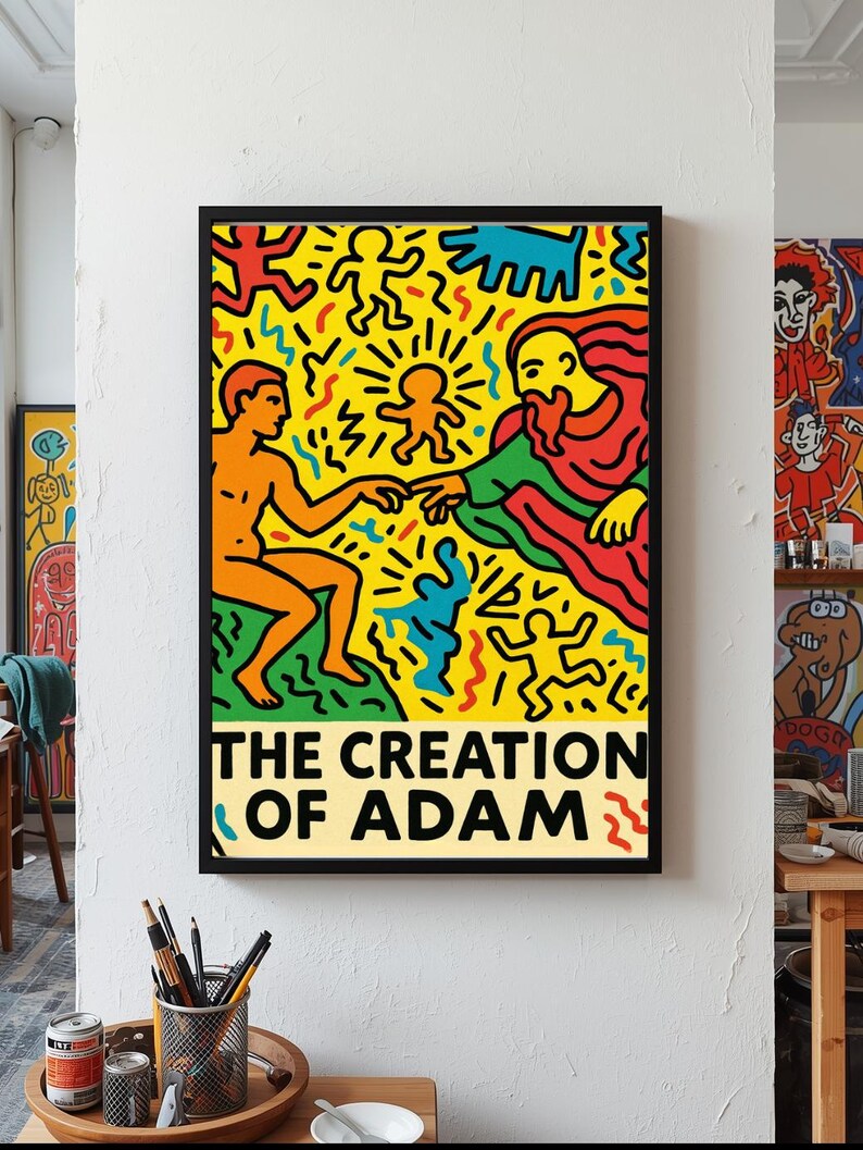以下が含まれることがあります： ミケランジェロの「アダムの創造」を鮮やかにポップアートで表現した額装アートプリント。鮮やかな色の人物が黄色い背景に描かれ、下部には「THE CREATION OF ADAM」のタイトルが記されています。