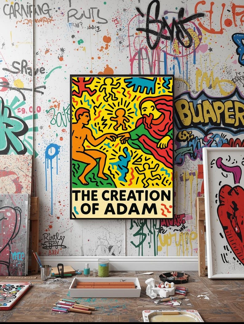 May include: A framed print of Keith Haring's "The Creation of Adam", showcasing bright colours and striking lines. The artwork portrays two figures with reaching hands on a yellow backdrop. The text "THE CREATION OF ADAM" is shown beneath the image.