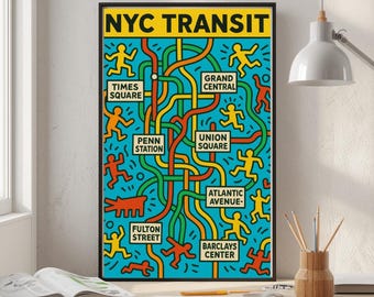 Impresión del mapa del metro de Nueva York al estilo de Keith Haring / Póster de tránsito de Nueva York con arte pop moderno y audaz / Arte mural digital abstracto y colorido con descarga digital