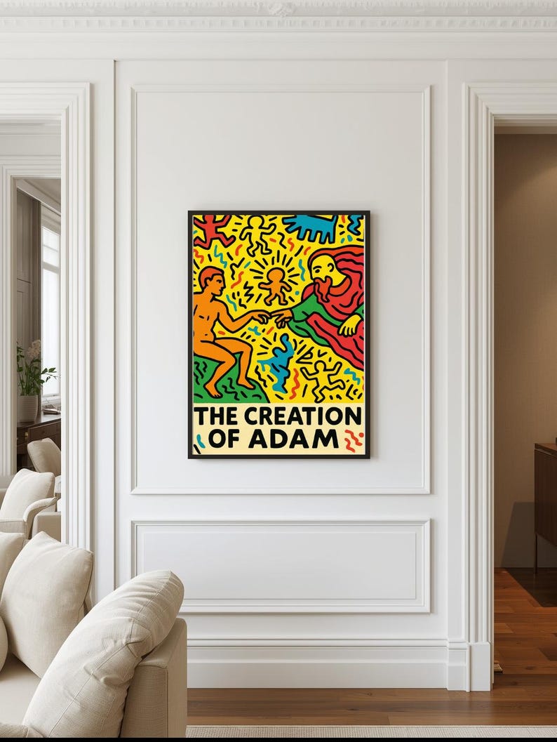 以下が含まれることがあります： 鮮やかな色彩で描かれた「アダムの創造」の額装アートプリント。黄色い背景に、大胆な色使いで描かれた様式化された人物像が特徴で、下部には「THE CREATION OF ADAM」のタイトルが記されています。