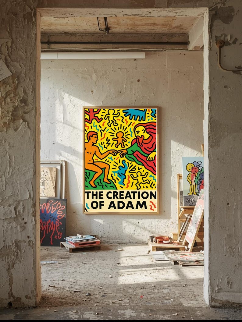 以下が含まれることがあります： アダムの創造の鮮やかなイラストが描かれた額入りのポスター。このアートワークは、黒いテキストが書かれた黄色の背景に、腕を伸ばした2つの人物を描いています。ポスターは、素朴でインダストリアルな環境に展示されています。