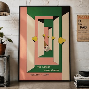 May include: A framed rectangular art print titled The London Avant-Garde Society - 1996. The graphic features a series of open doors in shades of green, pink, and cream, with yellow circular doorknobs and a partial figure visible in the center.