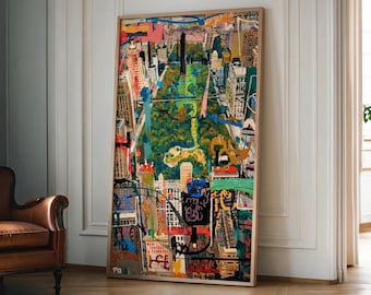 Könnte beinhalten: Ein großes, rechteckiges gerahmtes Wandbild mit einer Luftaufnahme eines Stadtparks, der von Wolkenkratzern umgeben ist. Das Kunstwerk verwendet eine lebendige Farbpalette aus Grün, Blau, Orange und Schwarz mit geschichteten Pinselstrichen.