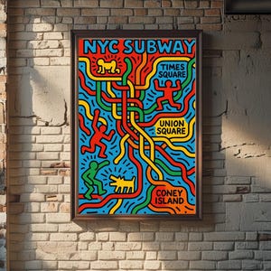 May include: A framed art print featuring a colorful illustration of the NYC Subway system. The artwork includes the text "NYC Subway" and highlights locations like Times Square, Union Square, and Coney Island. The design incorporates bold lines and figures in red, yellow, green, and blue.