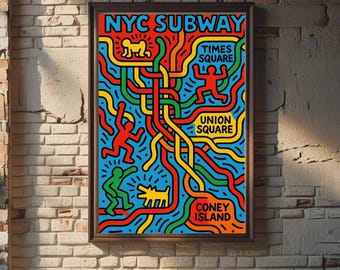Mapa del metro de Nueva York al estilo de Keith Haring / Arte colorido descargable / Póster vibrante de arte pop / Decoración urbana digital para pared / Descarga instantánea