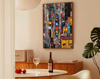 Könnte beinhalten: Ein vertikaler, rechteckiger Wandkunstdruck, der ein lebendiges, abstraktes Stadtbild des Times Square bei Nacht darstellt. Die Komposition zeigt dichte, farbenfrohe Neonschilder, hoch aufragende Wolkenkratzer und belebte Straßenszenen in Gelb, Rot und Blau.