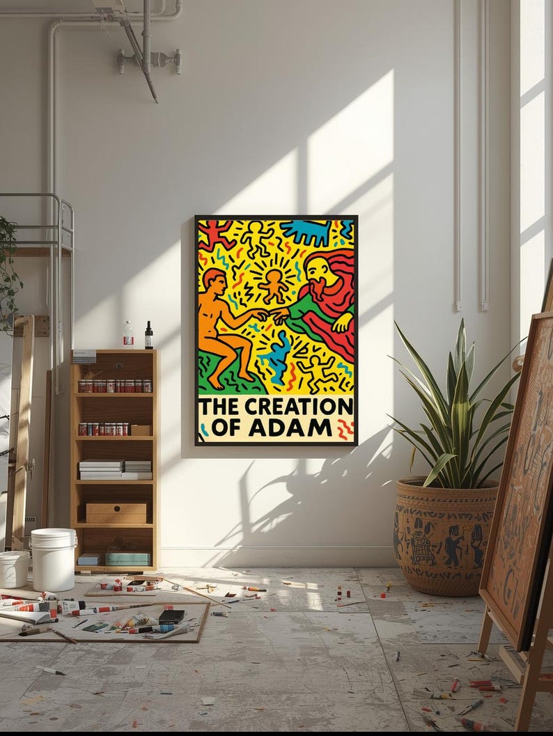 以下が含まれることがあります： キース・ヘリングの「アダムの創造」の額装されたアートプリント。このアートワークは、オレンジ、赤、青、黄色の鮮やかな人物が黒い背景に描かれています。タイトルは太字の白い文字で表示されています。プリントは明るいスタジオに展示されています。