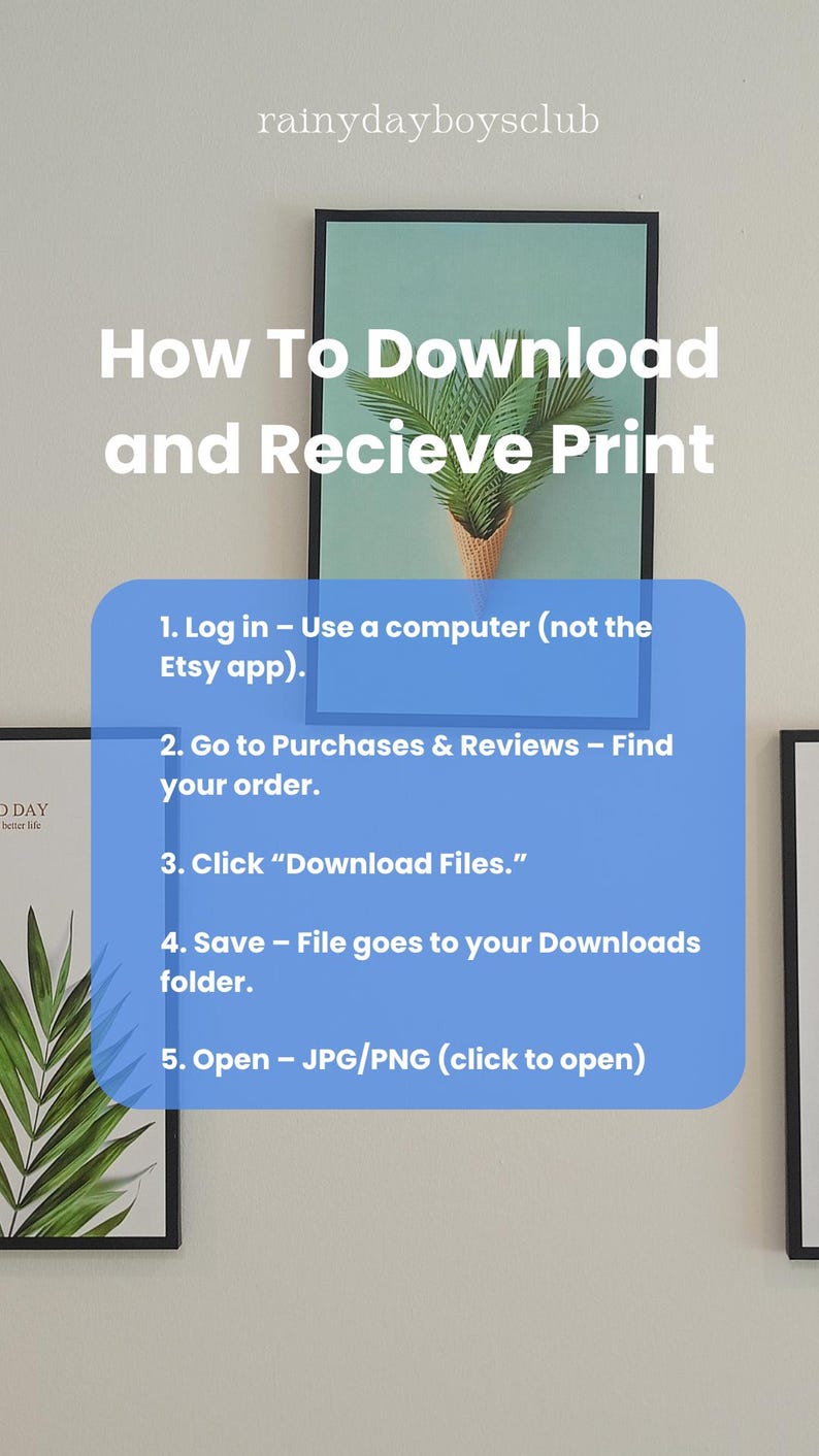 以下が含まれることがあります： ダウンロードして印刷物を受け取る方法に関するガイド。青いボックスに手順が記載されています。テキストには、ログイン、注文の検索、ファイルの開き方などの手順が含まれています。画像は水色の背景です。