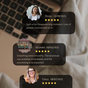 May include: Image displaying customer reviews with the word "REVIEWS" at the top. Three customer testimonials are shown, each with a photo, name, date, and a five-star rating. The reviews mention a housewarming invitation and a smooth download.