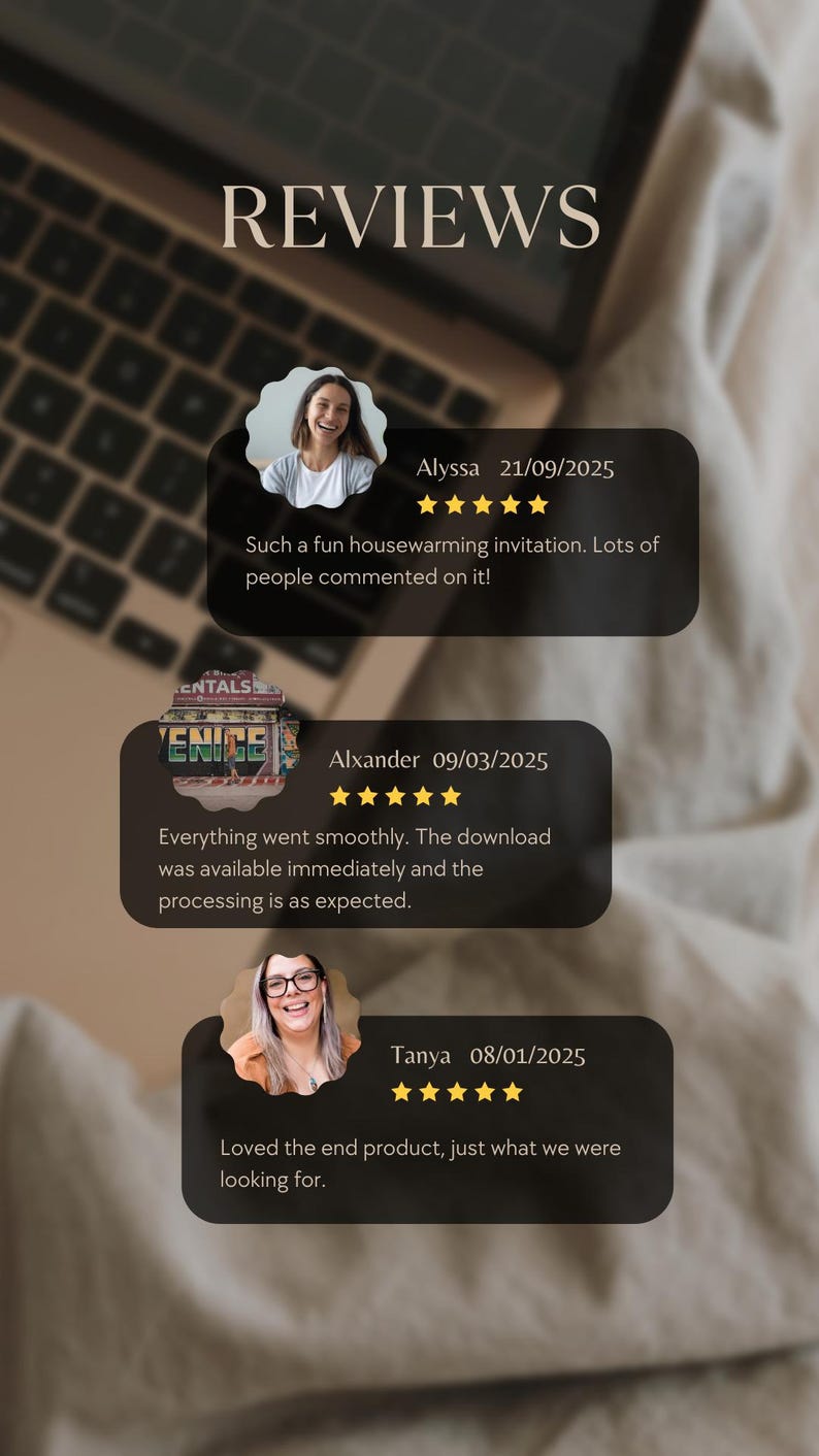 May include: Image displaying customer reviews with the word "REVIEWS" at the top. Three customer testimonials are shown, each with a photo, name, date, and a five-star rating. The reviews mention a housewarming invitation and a smooth download.