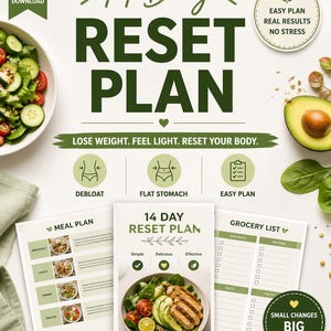 Puede incluir: Gráfico de descarga digital con el texto "14 Day Reset Plan" y el lema "Pierde peso. Siéntete ligero. Restablece tu cuerpo." La imagen incluye un plan de comidas, una lista de compras y un cuenco de ensalada.