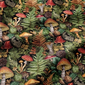 May include: A fabric pattern featuring a dense forest floor scene with various mushrooms, including red-capped toadstools and tan-colored fungi, interspersed with green fern fronds, brown pinecones, and scattered autumn leaves on a black background.