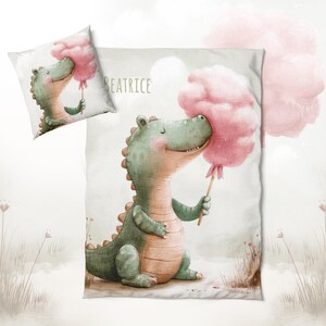 Personalized Baby Quilt Panel, Custom Printed Bedding, DIY Cut and Sew Panel, Nursery Crib Duvet, Baby Shower Gift - Dino & cotton candy