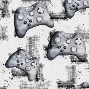 Può includere: Uno schema senza cuciture con illustrazioni di controller per videogiochi in acquerello grigio su uno sfondo bianco con texture grunge nera.