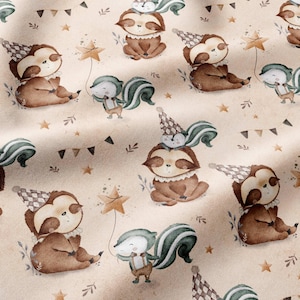 May include: Fabric featuring a repeating pattern of brown sloths and grey skunks on a light beige background. The sloths wear checkered party hats, and the skunks wear brown suspenders. The design includes small gold stars and bunting flags.