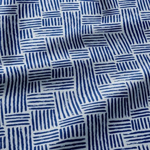 May include: A fabric featuring a repeating geometric pattern of dark blue, hand-drawn style horizontal and vertical lines on a white background. The design consists of alternating rectangular blocks of parallel lines oriented in perpendicular directions.