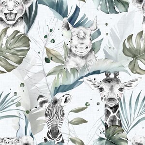 May include: A seamless pattern featuring watercolor illustrations of various animals, including a lion, rhino, giraffe, and zebra, set against a white background with green and blue foliage.