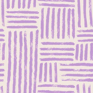 May include: A seamless pattern with a geometric design of overlapping horizontal and vertical stripes in a light purple color on a cream background.