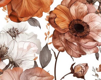 May include: A watercolour painting of a floral arrangement featuring large, brown and pink flowers with white accents. The flowers are arranged in a loose, organic style, and the background is a soft white.